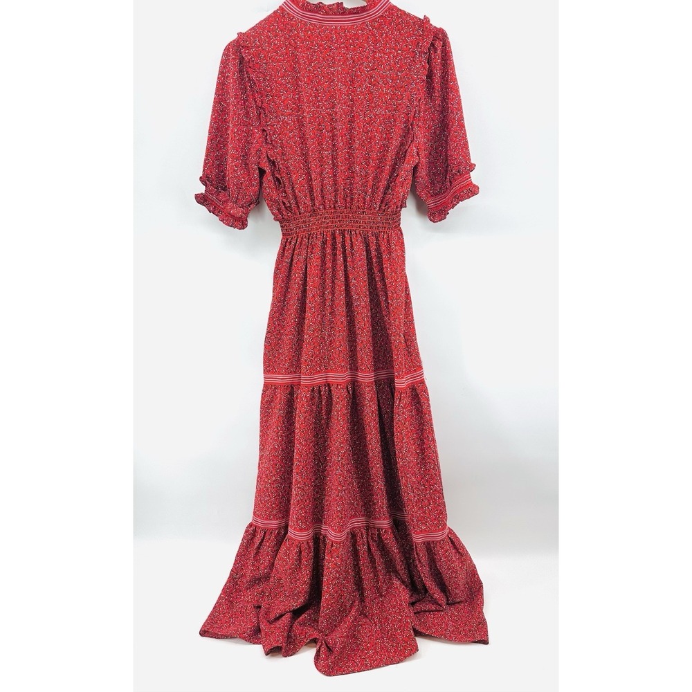 Max Studio Red Floral Boho Maxi Dress L Smocked Waist Tiered Cottagecore WW11 - Picture 3 of 13